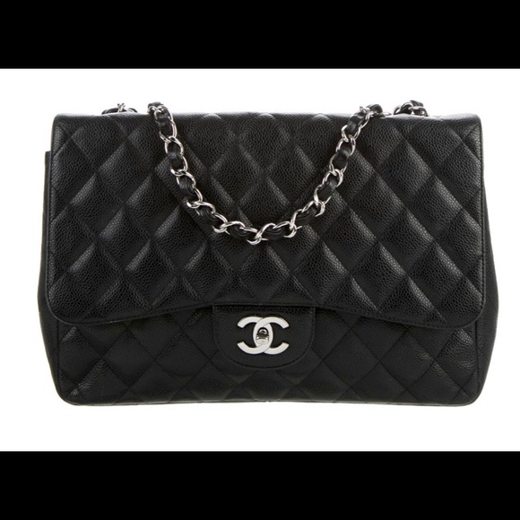 Chanel Classic Double Flap Quilted Caviar Silver-tone Jumbo Black